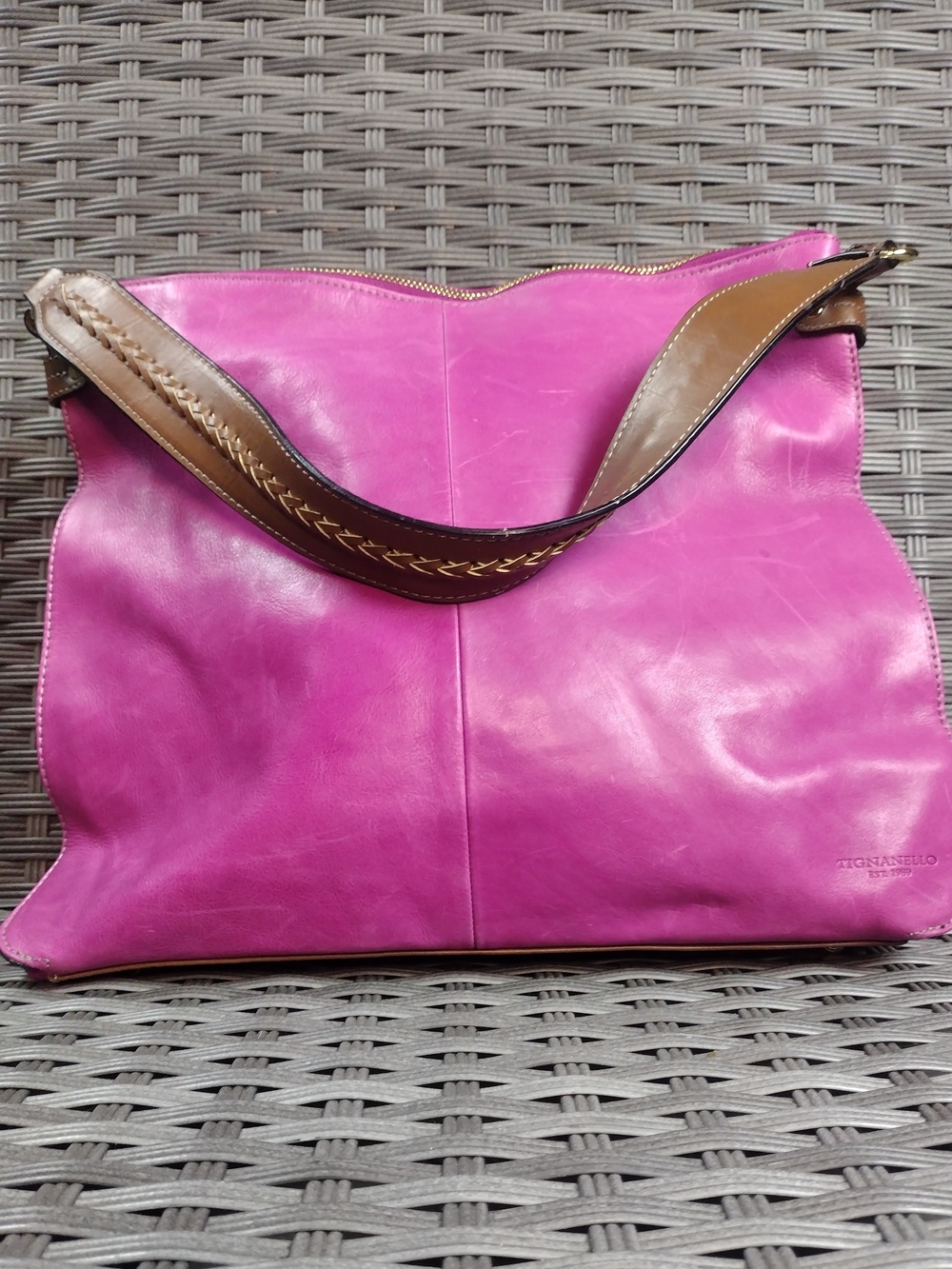 Tignanello Pink Leather Shoulder Bag with Brown Strap